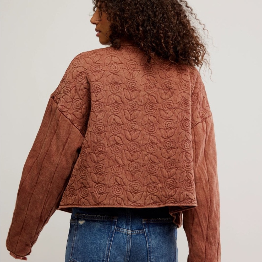 $385 FREE PEOPLE Rose Brown Quilted Sweatshirt Cinammon Bomber Jacket S - Picture 9 of 11